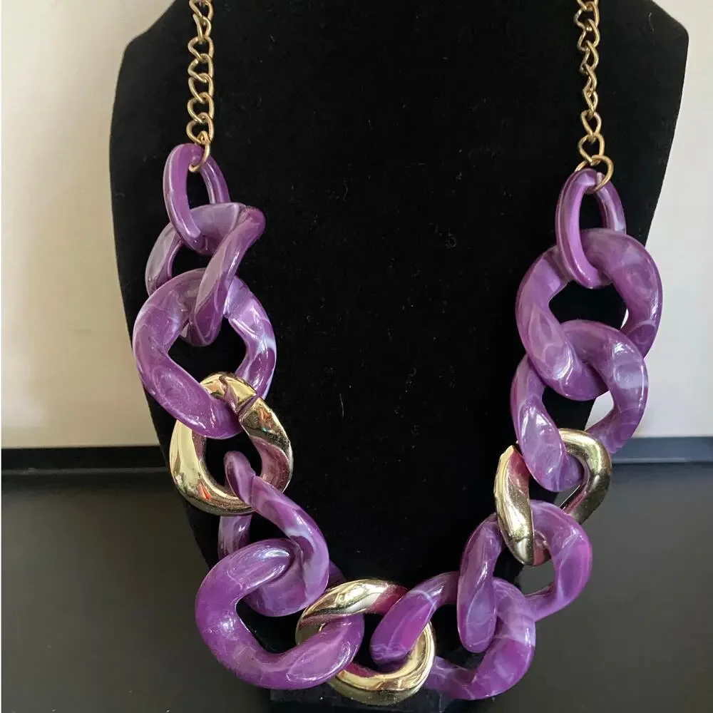 Vintage Purple Chunky Link Statement Necklace Gold Tone 80s–90s Retro Bold